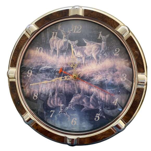 Deer-Themed Quartz Wall Clock With Gold & Wood Finish Frame - Picture 1 of 6